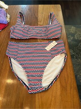 Cole High-Waist Bikini Set in Red/White/Blue Zigzag